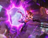 Ratchet salta a través de una grieta dimensional púrpura en Ratchet & Clank: Una Dimensión Aparte.