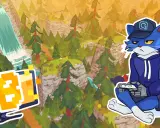 Gato azul con gorra y sudadera azul, jugando videojuegos en medio de un paisaje montañoso con cascada. Parece que prefiere un corto paseo virtual.