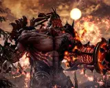 Un demonio de fuego con armadura oscura y un sol naranja en el cielo. ¡Perfecto para tus juegos gratis Steam!