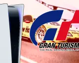 Consola PS5 junto a un coche de carreras amarillo con el logo de Gran Turismo 8.