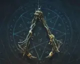 Símbolo de **assassins creed hexe** hecho de ramas, colgado sobre un círculo con runas y símbolos arcanos.