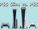 Comparativa: PS5 Slim vs. PS5. Dos consolas PlayStation 5, una más delgada, junto a sus mandos DualSense, sobre fondo azul claro.