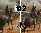 Dos escenas de Assassin's Creed Shadows PS5: un personaje a caballo en un entorno rural, comparando gráficos.