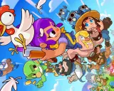 Un grupo diverso de personajes de Squad Busters, incluyendo una gallina, luchan en el aire contra un fondo azul con nubes.