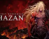 Khazan, el primer berserker, con su armadura demoníaca y cuerpo marcado por la batalla, emerge de un paisaje infernal.