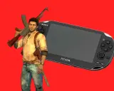 Nathan Drake con su rifle y una PS Vita, ideal para los mejores juegos PS Vita.