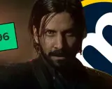 Alan Wake 2 análisis: el personaje principal con una puntuación de 96 en un recuadro verde y un logo de "m" al lado.