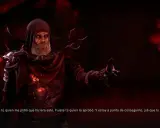 Un hechicero con túnica roja y ojos brillantes, en Tainted Grail: The Fall of Avalon, habla con un gesto amenazante.
