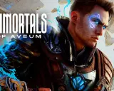 El protagonista de Immortals of Aveum, con ojos azules brillantes y armadura, se prepara para la batalla.