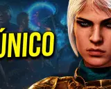 Primer plano de una mujer con cabello rubio platino y armadura dorada, con el texto "ÚNICO" y personajes de Baldur's Gate III al fondo.