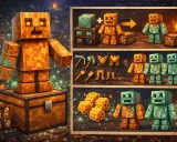 Un golem de cobre, con ojos brillantes, se alza sobre un cofre. En paneles adyacentes, se muestra su creación, herramientas y su evolución a un golem oxidado.