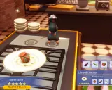 Remy prepara ratatouille en Dreamlight Valley. El libro de cocina muestra los ingredientes para esta y otras recetas.