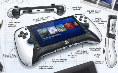 Concepto de **PlayStation 6** portátil con pantalla OLED, gatillos adaptativos y almacenamiento M.2 expandible.