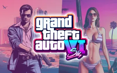El arte promocional de Grand Theft Auto VI muestra a un hombre con gafas de sol y una mujer en bikini, ambos armados, anticipando cuando sale GTA 6.