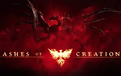 Un demonio alado con ojos rojos y una horda de criaturas sombrías acechan en la oscuridad, bajo el título "Ashes of Creation".