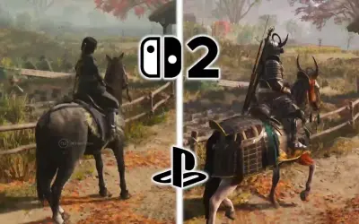 Dos escenas de Assassin's Creed Shadows PS5: un personaje a caballo en un entorno rural, comparando gráficos.