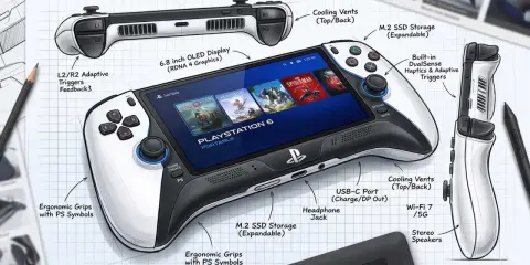 Concepto de **PlayStation 6** portátil con pantalla OLED, gatillos adaptativos y almacenamiento M.2 expandible.