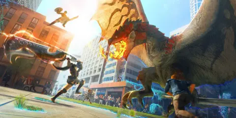 Cazadores luchan contra un dragón en la ciudad, una escena épica de Monster Hunter Online.