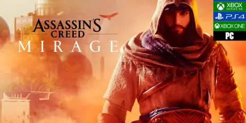 Un asesino con capucha en Assassin's Creed Mirage, con el título del juego y los logos de las plataformas.