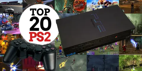 Collage de imágenes de videojuegos de PS2, con la consola y un mando en primer plano. Celebrando los mejores juegos de PS2.