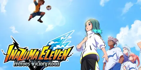 El equipo de Inazuma Eleven Heroes Victory Road se prepara para la victoria bajo un cielo azul.