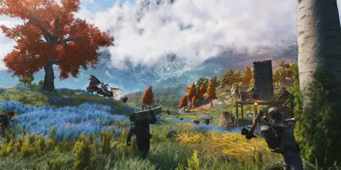Un dragón alado se posa bajo un árbol de hojas rojas. Hombres cargan madera en un paisaje de flores azules y amarillas, con un pueblo y montañas al fondo. Luz natural, sin fuego.