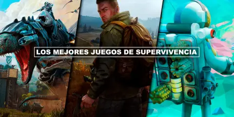 Montaje de imágenes de juegos de supervivencia para PS4: un guerrero en un dinosaurio mecánico, un hombre con mochila y arma, y un astronauta en un planeta alienígena.