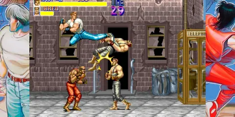 Combate callejero en juegos PS4 2 jugadores misma pantalla gratis. Cody y Bred luchan en un callejón.
