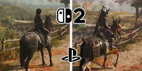 Dos escenas de Assassin's Creed Shadows PS5: un personaje a caballo en un entorno rural, comparando gráficos.