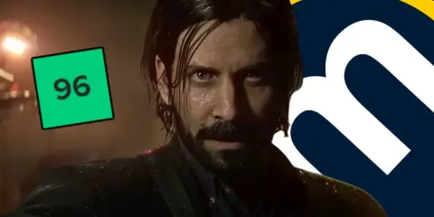 Alan Wake 2 análisis: el personaje principal con una puntuación de 96 en un recuadro verde y un logo de "m" al lado.
