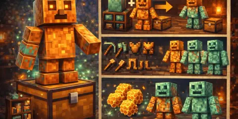 Un golem de cobre, con ojos brillantes, se alza sobre un cofre. En paneles adyacentes, se muestra su creación, herramientas y su evolución a un golem oxidado.