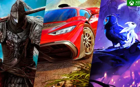 Montaje de tres juegos de Xbox: guerrero con armadura, coche deportivo rojo y personajes de Ori.