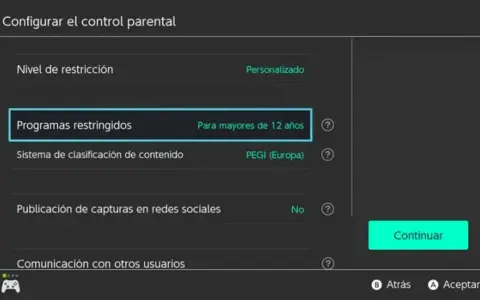 Configuración de control parental en Nintendo Switch. Se muestra la opción "Programas restringidos" con la selección "Para mayores de 12 años".