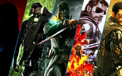 Personajes icónicos de los mejores juegos de sigilo: Hitman, Deus Ex, Metal Gear Solid y Dishonored.