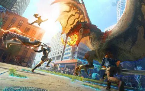 Cazadores luchan contra un dragón en la ciudad, una escena épica de Monster Hunter Online.