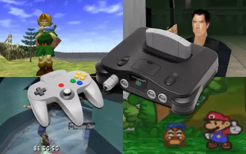 Collage de la Nintendo 64 con Link, Mario, un personaje de GoldenEye y el mando. Recuerdos de los mejores juegos Nintendo 64.