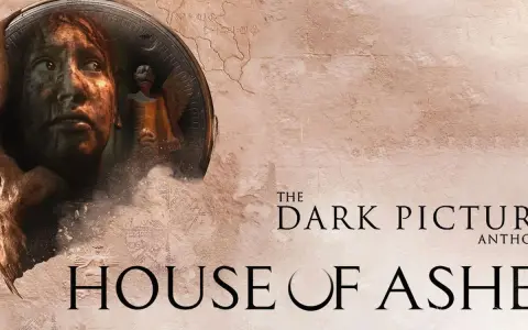 El rostro de una joven en un medallón, con una figura alada al fondo. El título "House of Ashes" y "The Dark Pictures Anthology" se superponen.