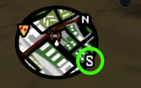 Mini-map de GTA San Andreas con un icono de pizza y la letra "S" rodeada de verde. ¡Listo para nuevas misiones!