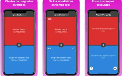 Pantallas de juegos para iPhone: "¿Qué Prefieres?", con opciones para perder recuerdos o no crear nuevos, ver estadísticas y añadir preguntas.