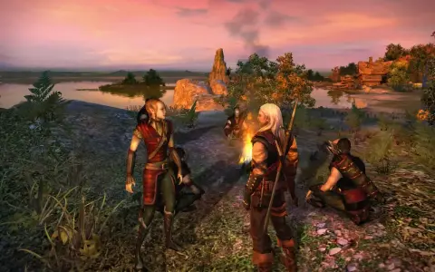 Elfos y Geralt junto a una hoguera, anticipando el **the witcher remake**. Atardecer en un paisaje idílico.