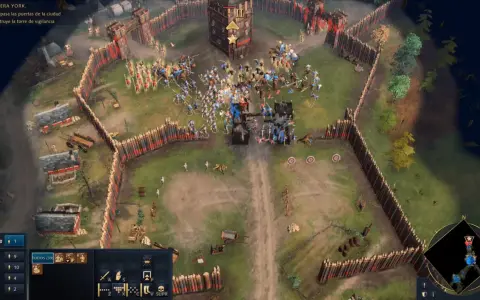 Batalla en Age of Empires 4. Tropas asaltan una fortaleza amurallada, con arqueros y lanceros en combate.