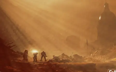 Figuras con armadura caminan por un paisaje desolado y polvoriento, con un edificio en forma de cúpula al fondo. Un recordatorio visual de los **Fallout 76 requisitos** para adentrarse en este mundo.