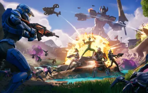 ¡La **temporada 4 de Fortnite** estalla con acción! Un mecha gigante, héroes luchando contra alienígenas y explosiones por doquier.