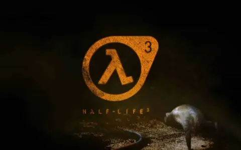 El logo de Half-Life 3, con el símbolo lambda naranja y el número 3, sobre un fondo oscuro. Una criatura yace en el suelo.