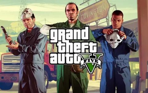 Los tres protagonistas de GTA 5, listos para el lanzamiento del juego, con máscaras y armas.