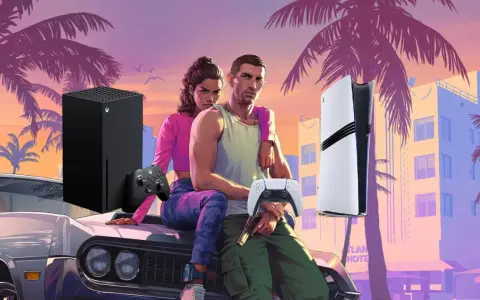 Pareja en un coche clásico, con consolas Xbox Series X y PS5, esperando la fecha de lanzamiento de GTA 6.