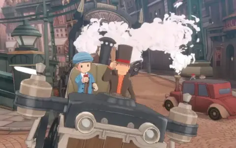 El Profesor Layton y Luke exploran el nuevo mundo a vapor en un vehículo peculiar.