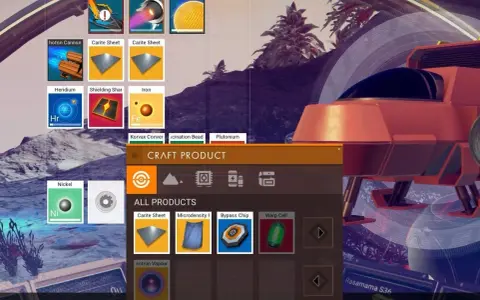 Interfaz de crafteo en No Man's Sky. Muestra recursos como Heridium, Hierro y Níquel, y productos como Lámina de Carita y Célula de Curva.