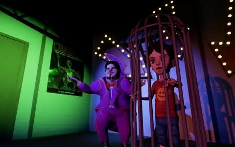 Ben, el presentador, mira a Ed, atrapado en una jaula. Un póster de "Rundead" cuelga en la pared.