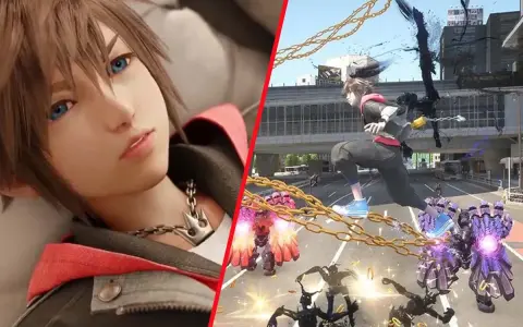 Sora en acción en Kingdom Hearts IV, luchando contra enemigos en una ciudad.